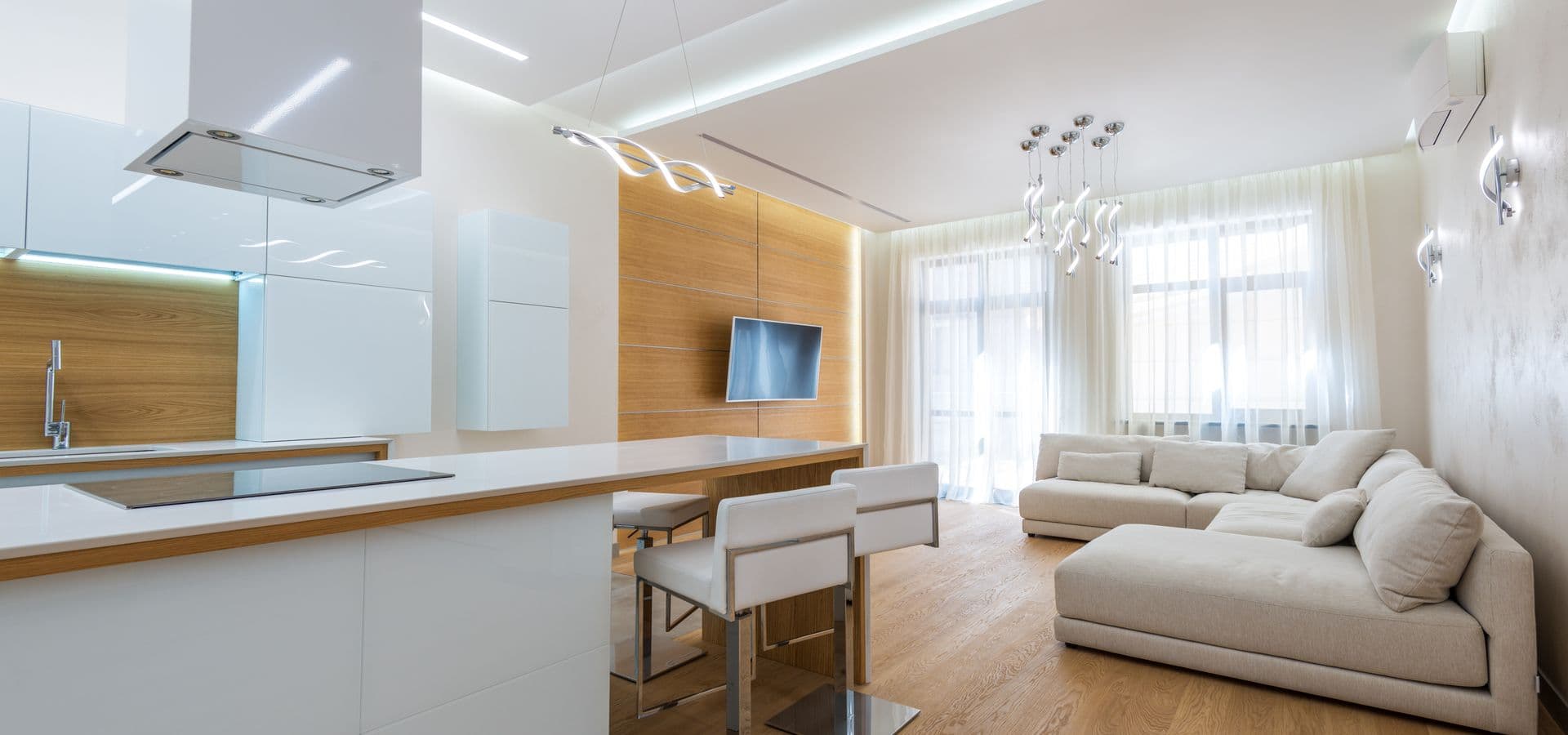 Interior integrado de apartamento contemporâneo